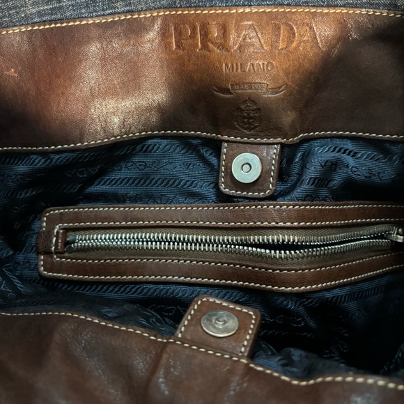 Authentic Vintage Prada Tote Blue Jean Bag Brown Leather Handle - Picture 10 of 12